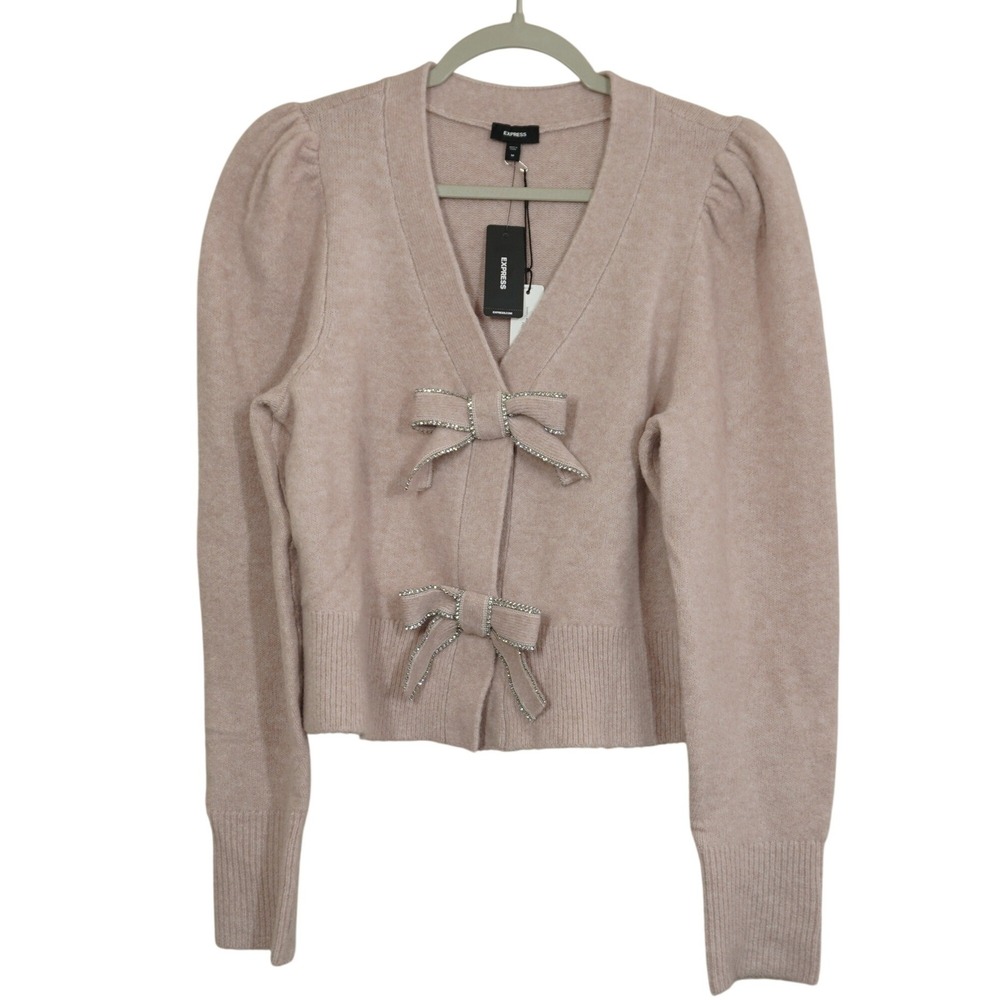 Express NWT Medium Pink Rhinestone Bow Puff Sleeve V-Neck Cardigan Sweater